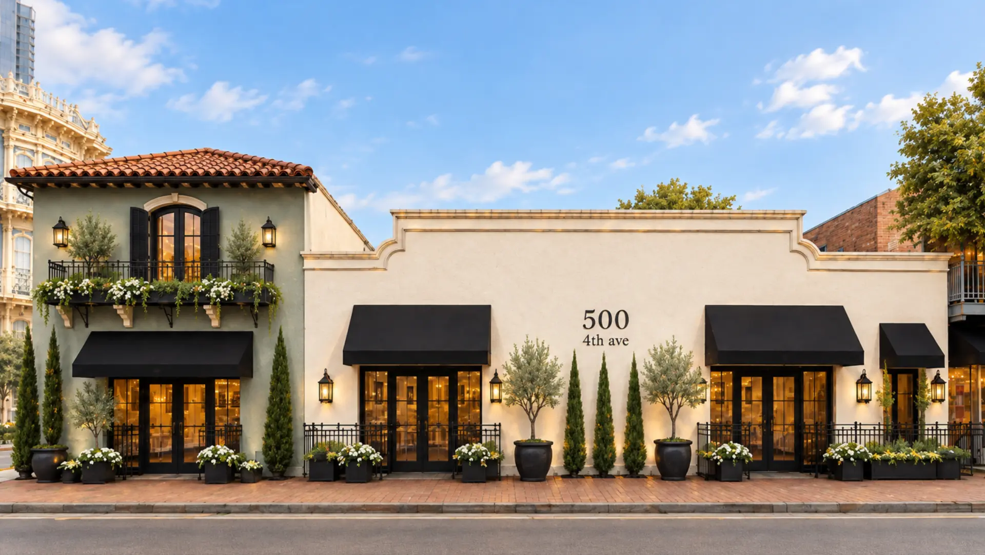 The Quin exterior on 4th Avenue in San Diego with black awnings, olive trees and warm lit storefronts